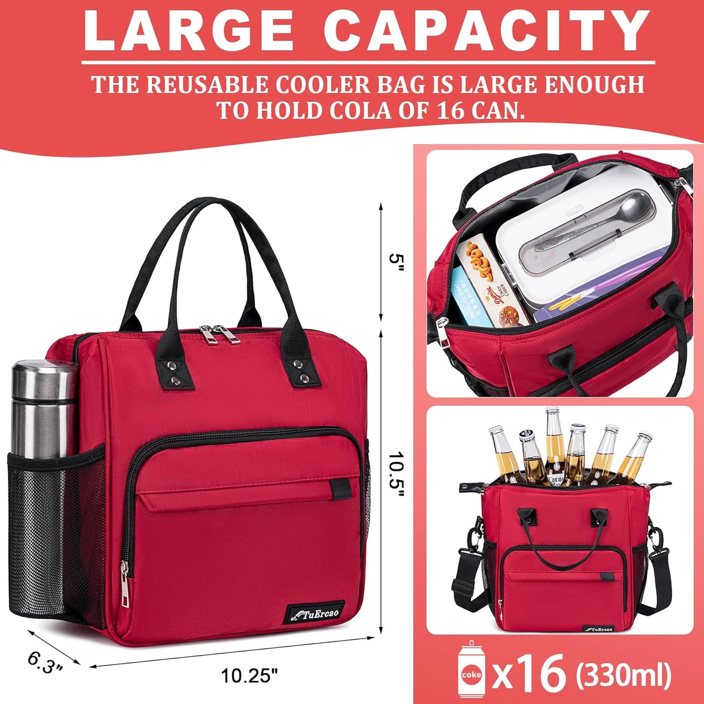 TuErCao Small Lunch Bag Lightweight Insulated Lunch Box for Women Work Portable Soft Cooler for Picnic Travel Road Trips, Loncheras para Mujer, Black