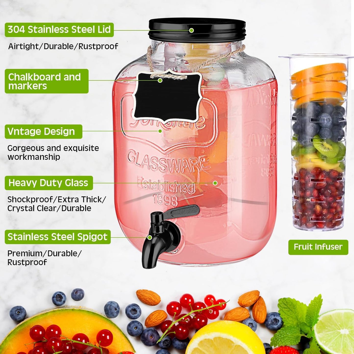 Lallisa 2 Pcs 2 Gallon Glass Drink Dispenser with Stand Ice Cylinder Hanging Chalkboard Signs 18/8 Stainless Steel Spigot Beverage Dispensers for Parties Mason Jar Drink Lemonade (Rose Gold)