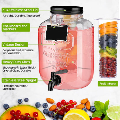 Lallisa 2 Pcs 2 Gallon Glass Drink Dispenser with Stand Ice Cylinder Hanging Chalkboard Signs 18/8 Stainless Steel Spigot Beverage Dispensers for Parties Mason Jar Drink Lemonade (Rose Gold)