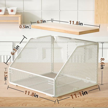 Stackable Fruit Basket for Kitchen Countertop Space Saving, Wall Mounted Mesh Metal Wire Baskets with Wood Lid Extra Storage, 2 Pack Kitchen Counter Organizer for Snack, Onion and Potato Storage