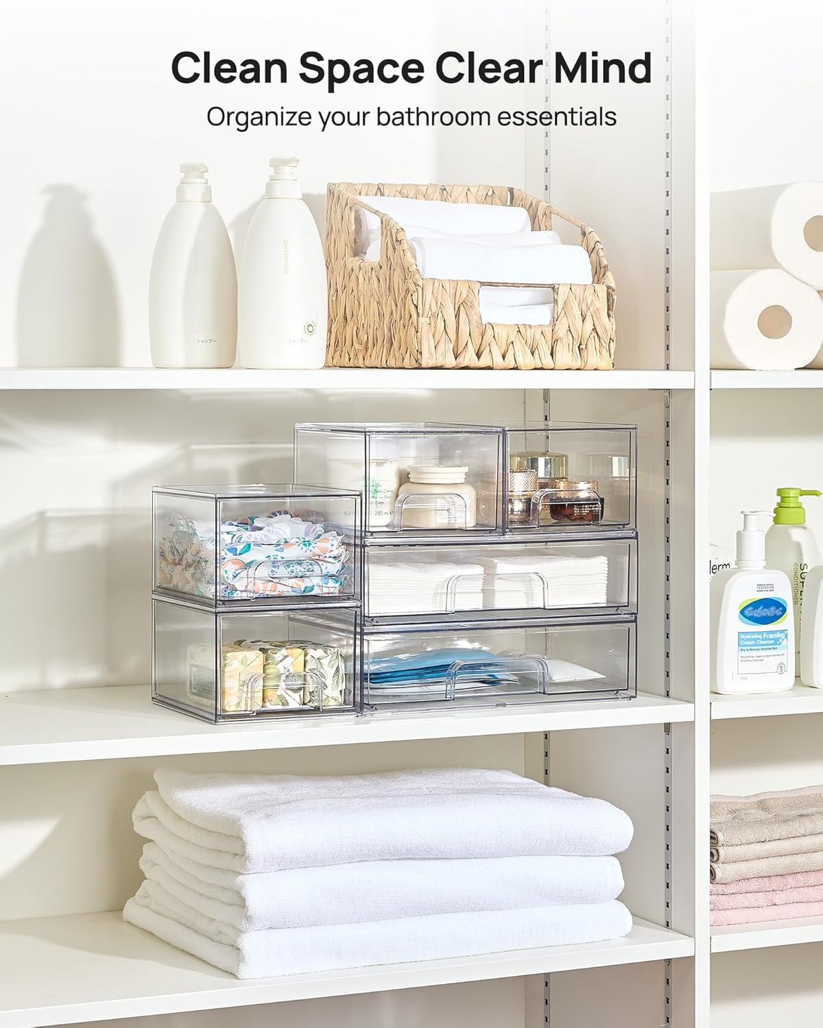 Vtopmart Stackable Storage Drawers Set of 5, Clear Plastic Organizer Bins for Baby Bottle, Beauty Supplies Storage, Ideal for Kichen Countertop, Vanity, Bathroom, Cabinet, Pantry Organization