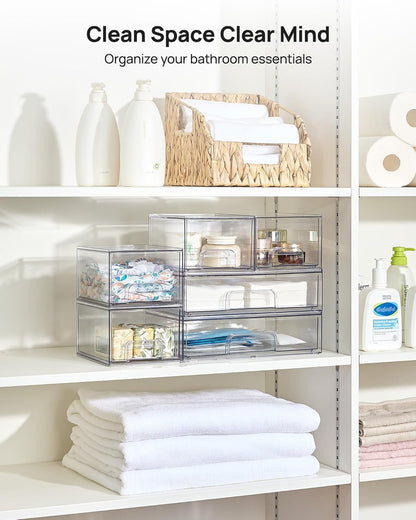 Vtopmart Stackable Storage Drawers Set of 5, Clear Plastic Organizer Bins for Baby Bottle, Beauty Supplies Storage, Ideal for Kichen Countertop, Vanity, Bathroom, Cabinet, Pantry Organization