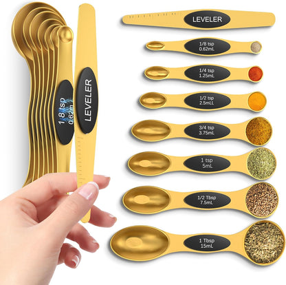 Magnetic Measuring Cups and Spoons Set304 Stainless Steel Dual Scale Set of 15, Strong N52 Magnetic Nesting Design with Leveler, for Dry&Liquid Ingredients, Dishwasher Safe(Colorful)