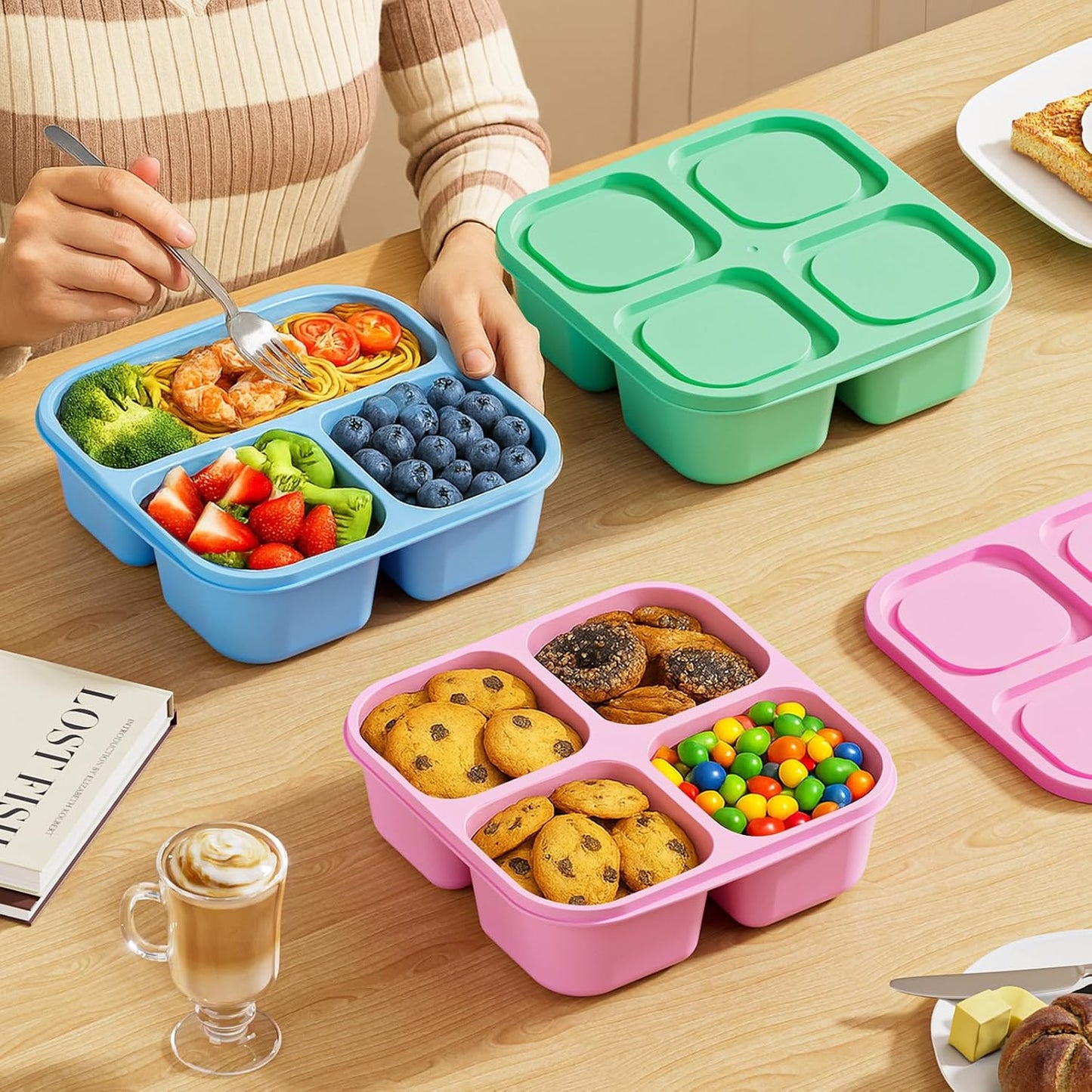 6 Pcs Snack Box Container Set, Reusable 3&4 Compartment Meal Prep Snack Containers for Adults Kids Toddler, BPA-Free Divided Lunchable Container for School, Work and Travel (Transparent Lids)