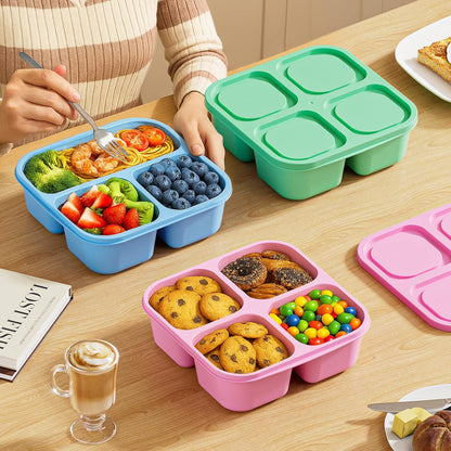 6 Pcs Snack Box Container Set, Reusable 3&4 Compartment Meal Prep Snack Containers for Adults Kids Toddler, BPA-Free Divided Lunchable Container for School, Work and Travel (Transparent Lids)