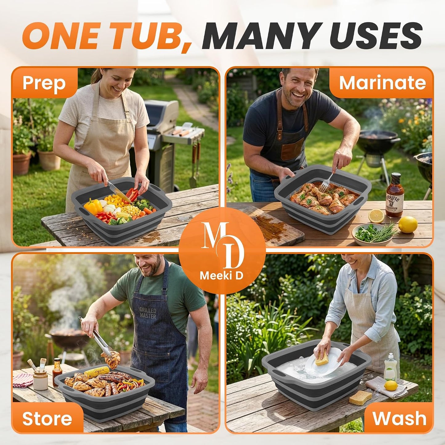 4 in 1 Large Collapsible BBQ Prep Tub with Lid - 16L Foldable Camping Sink with Colander & Cutting Board, Multipurpose Dish Basin for Kitchen, Meat Prep, Vegetables, Fruit, Picnic & Outdoor Cooking