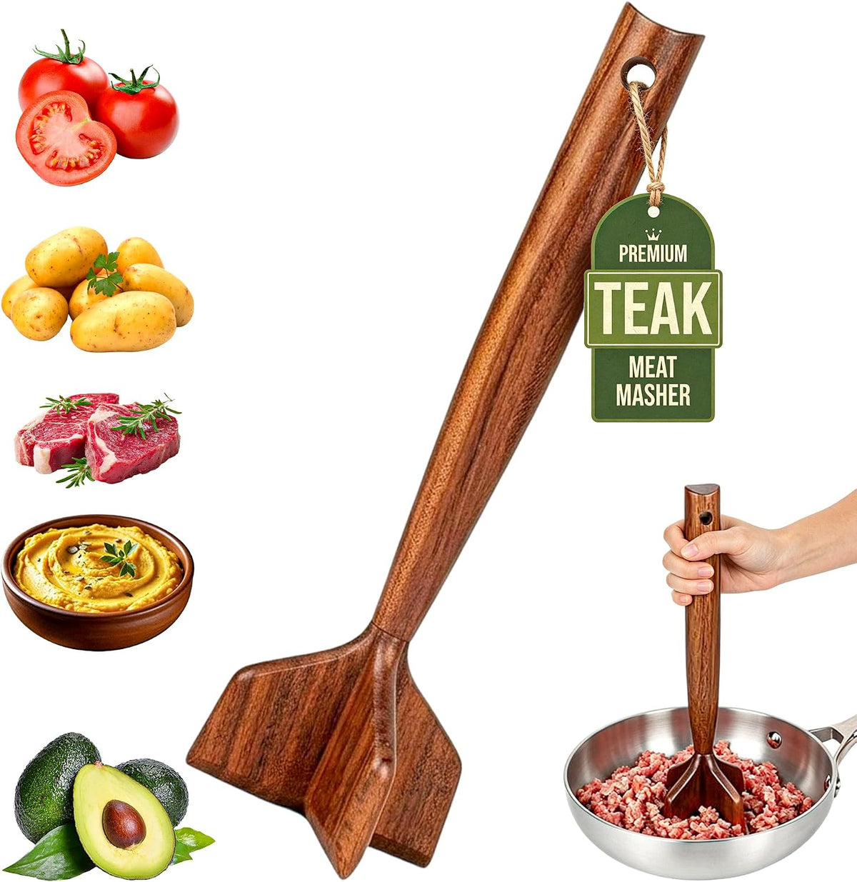 Teak Wooden Meat Chopper, Ground Beef Chopper Tool, Hamburger Smasher, Potato Masher & Chicken Shredder, Durable Wood Meat Pounder Kitchen Utensil, Cooking Gadget 10.5 Inches（RedTeak）