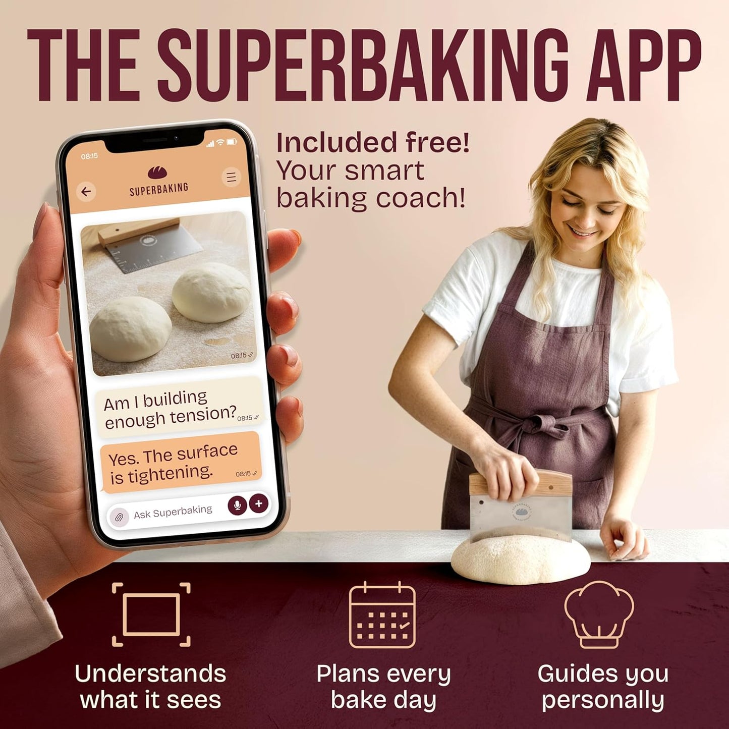 Superbaking Dough Scraper - 6" Wooden Bench Scraper - Dough Cutter with Ruler - Pastry & Cake Scraper - Kitchen Tools Sourdough Baking Supplies - Bread Making Tools & Accessories for Home Bakers