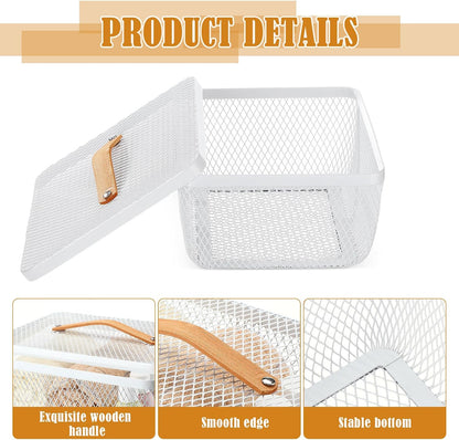 Tandefio 4 Pcs Metal Mesh Basket with Lid and Wooden Handle 9.65 x 7.68 Inch Wire Storage Basket Garden Baskets Organizer Containers for Vegetable Fruit Picnic Kitchen Bathroom (White)