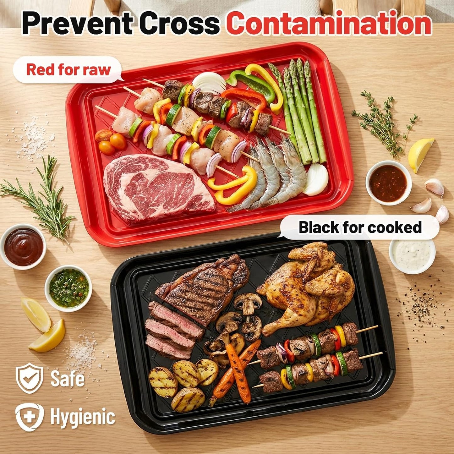 Grilling Prep & Serving Tray, Set of 2 Stackable Plastic BBQ Trays for Raw and Cooked Food, Dishwasher Safe, 17"×10.5" Outdoor Cooking, BBQ Accessories for Parties, Green & Black