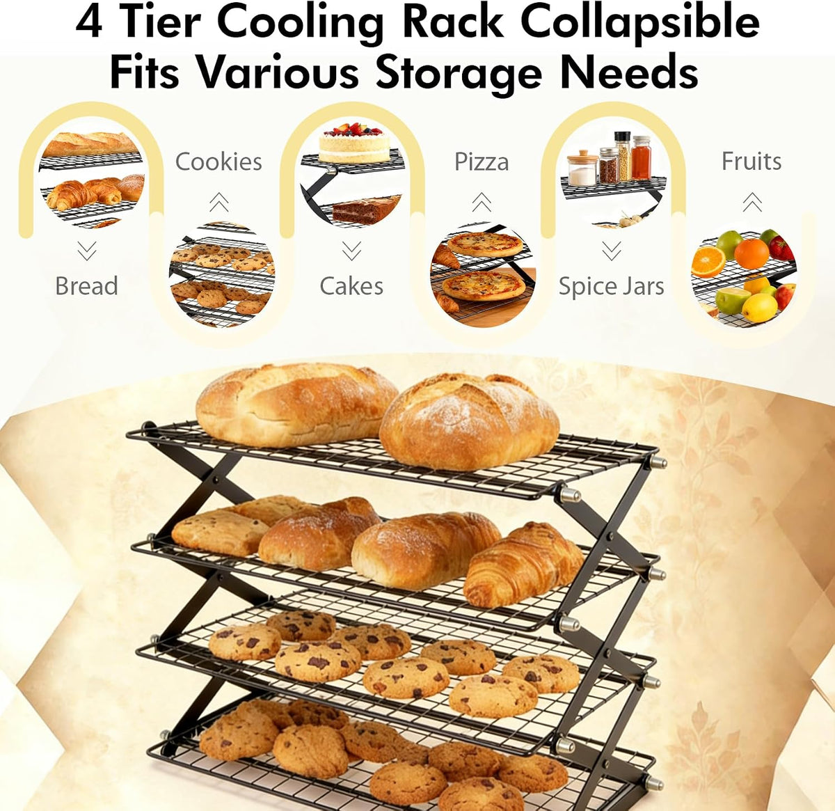 4 Tier Collapsible Cooling Rack for Baking, Adjustable cooling Rack