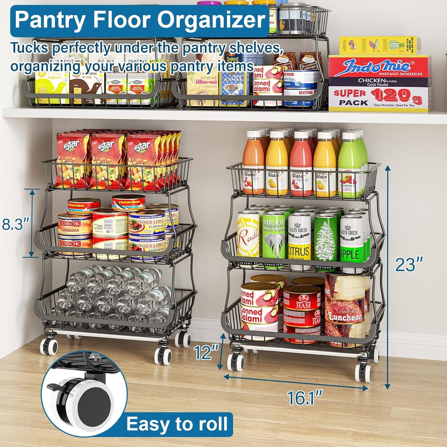 OKZEST 3-Tier Rolling Pantry Floor Organizer and Storage Cart with Wheels, Stackable Wire Pantry Baskets for Pantry Shelves, Kitchen Storage Rack and Fruit Basket Stand for Fruit Snack Onion Potato