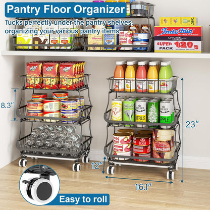 OKZEST 3-Tier Rolling Pantry Floor Organizer and Storage Cart with Wheels, Stackable Wire Pantry Baskets for Pantry Shelves, Kitchen Storage Rack and Fruit Basket Stand for Fruit Snack Onion Potato