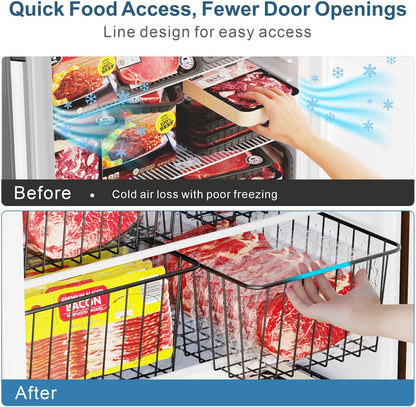 iSPECLE Freezer Organizer Bins - 4 Pack Upright Freezer Baskets for 17/21 Cu.Ft Stand Up Freezer, Wire Storage for Reach-In Freezer, Slide-Out Access, Prevents Items Falling, 2 Large 2 Medium, White