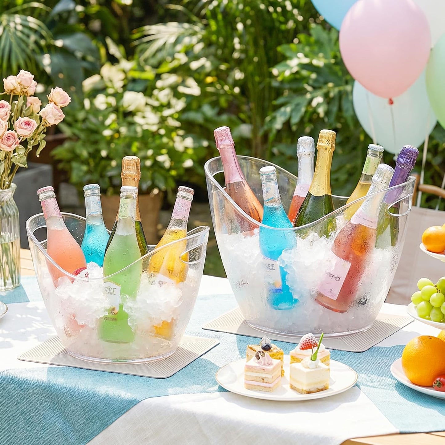 15L & 10L Large Ice Buckets for Parties, 2 Pcs Clear Acrylic Champagne Wine Buckets Durable Plastic Beverage Tub with Scoop and Drip Mat for Party, Cocktail Bar, Mimosa Bar(4 & 2.7 Gallon)
