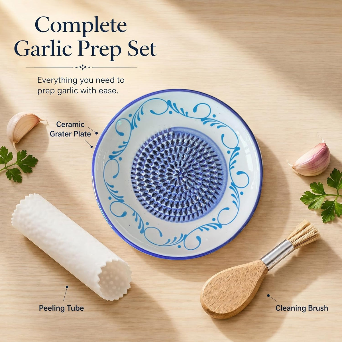 Handcrafted Ceramic Garlic Grater Plate, Ocean Blue