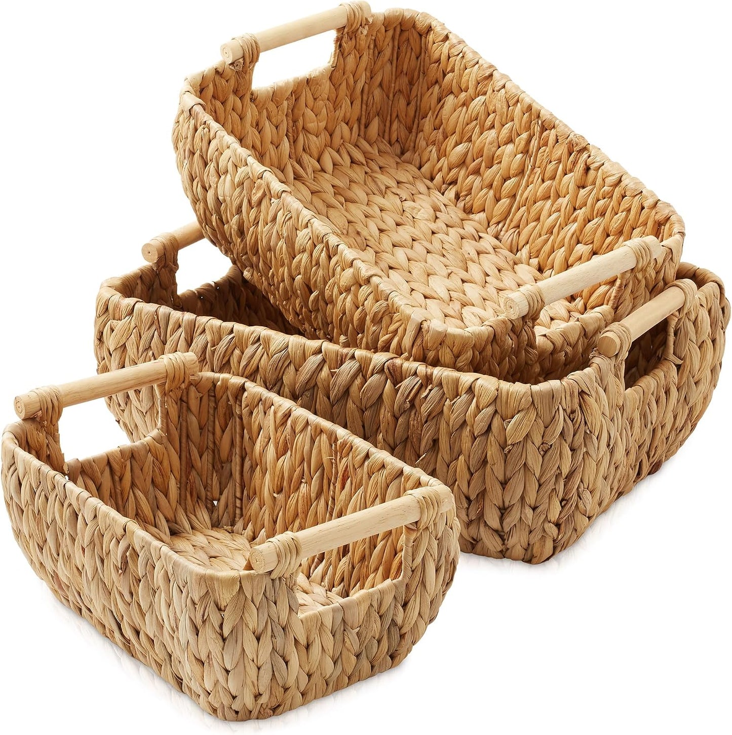Casafield Set of 2 Water Hyacinth Oval Storage Baskets with Wooden Handles - Medium, Woven Bin Organizers