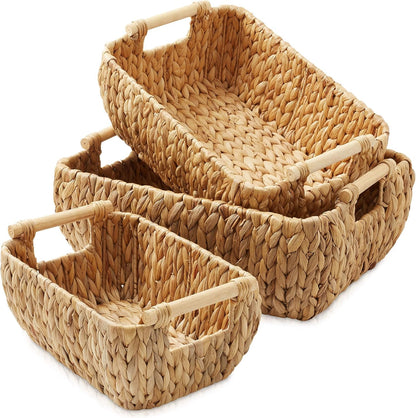 Casafield Set of 2 Water Hyacinth Oval Storage Baskets with Wooden Handles - Medium, Woven Bin Organizers