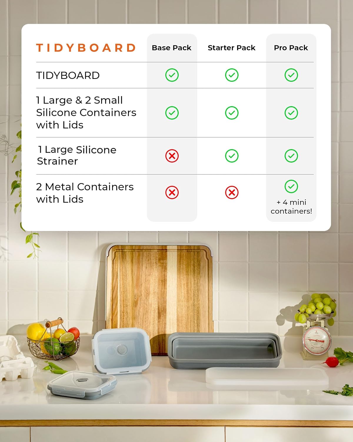 TidyBoard Meal Prep System Starter - Over-the-Sink Smart Chopping Board with 1 Large Strainer, Tubs, & Lids - 1” Thick Acacia Wood Cutting Board with Containers & Strainer, 12 pieces