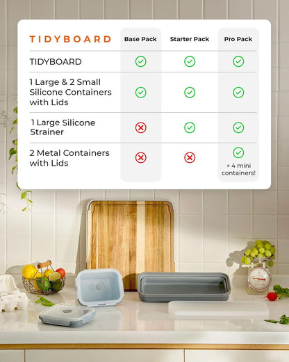 TidyBoard Meal Prep System Starter - Over-the-Sink Smart Chopping Board with 1 Large Strainer, Tubs, & Lids - 1” Thick Acacia Wood Cutting Board with Containers & Strainer, 12 pieces