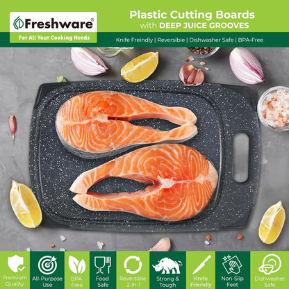 Freshware Cutting Boards for Kitchen, Chopping Board 3-Pack with Different Sizes, Juice Grooves and Non Slip Handles - Reversible, Large Cutting Board Set - Dishwasher Safe - Gray
