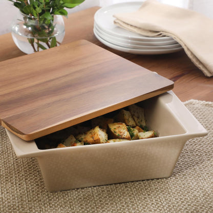 Gibson Elite 3-Section Stoneware Serving Tray with Acacia Lid – Taupe Rectangular Chip & Dip, Condiment, Snack and Appetizer Server for Parties & Entertaining
