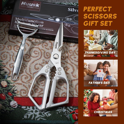 HUUSK Kitchen Scissors All Purpose - Stainless Steel Kitchen Shear, Sharp Silver Meat Scissors Dishwasher Safe, Heavy Duty Poultry Shears, Japanese Cooking Scissor for Food, Christmas Gifts for Women