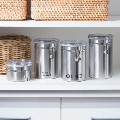 Oggi Stainless Steel Sugar Canister 62 fl oz - Airtight Clamp Lid, Clear See-Thru Top - Ideal Sugar Container for Countertop, Sugar Jar, Bulk Sugar Storage. Large Size 5" x 7.5".