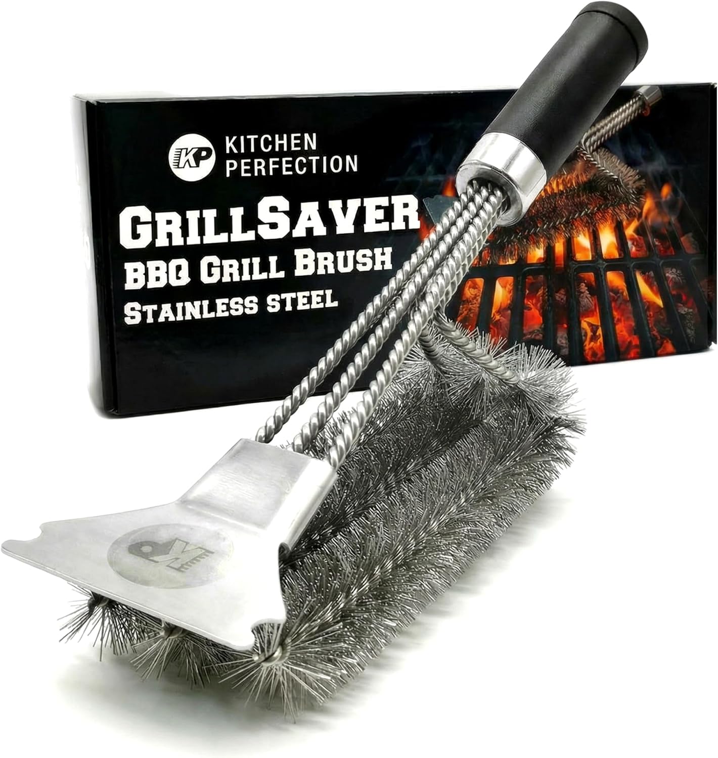KITCHEN PERFECTION GrillSaver - Safe BBQ Grill Brush for Outdoor Grill with Replaceable Cleaning Head -Heavy-Duty Grill Cleaner with Scraper for All Grates +2 Bonuses -Best Grilling Gifts for Men