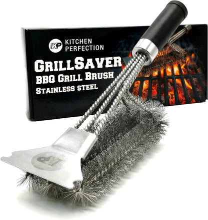 KITCHEN PERFECTION GrillSaver - Safe BBQ Grill Brush for Outdoor Grill with Replaceable Cleaning Head -Heavy-Duty Grill Cleaner with Scraper for All Grates +2 Bonuses -Best Grilling Gifts for Men