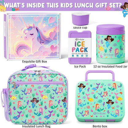 Fimibuke Bento Lunch Box for Kids with Food Jar, 3-Compartment 32OZ Snack Lunch Container, Lunch Bag, 12OZ Insulated Food Jar & Ice Pack Set for Age 3-12 School Daycare Toddler Teen Girls Boy, Fairies