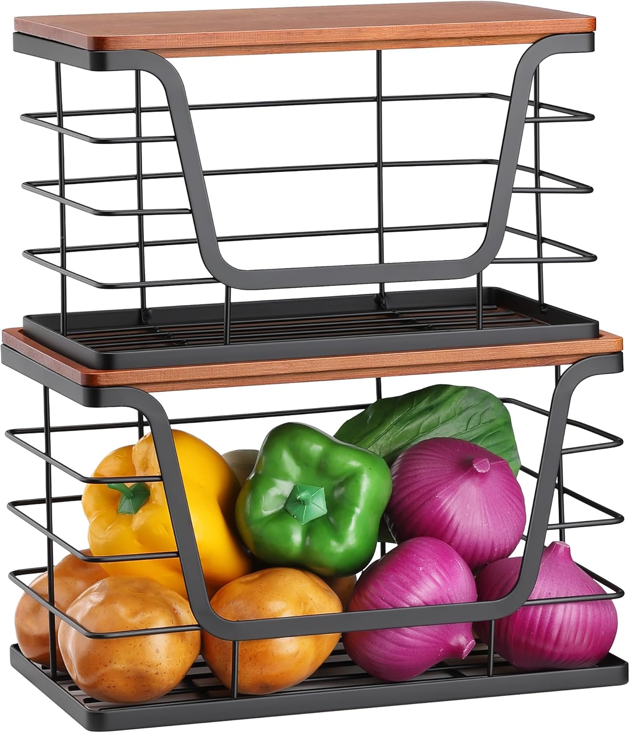 ALOCEO 2 Pack Stackable Wire Storage Basket with Bamboo Lid, Trash Bag Dispenser Under Sink for 4-13 Gal Bags, Kitchen Storage Bins for Potato and Onion, Brown