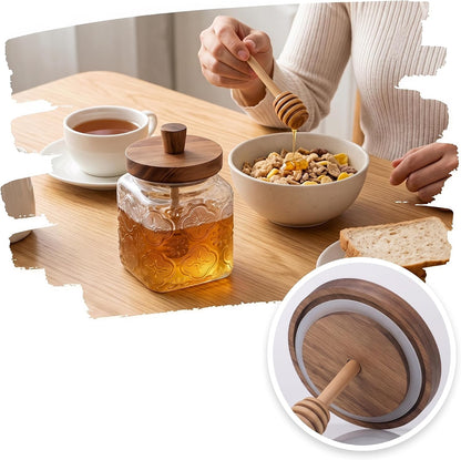 17 oz glass honey jar with wooden dipping spout and lid, sealed honey dispenser, kitchen wide mouthed honey pot, rural glass honey jar with dipping spout stick