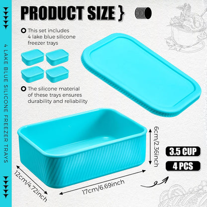 Nuogo 8 Pcs 6 Cup Silicone Freezer Trays with Lid Soup Containers Reusable Freezer Silicone Molds Rectangle Containers Ice Trays for Sauces Stews Curries, Lake Blue