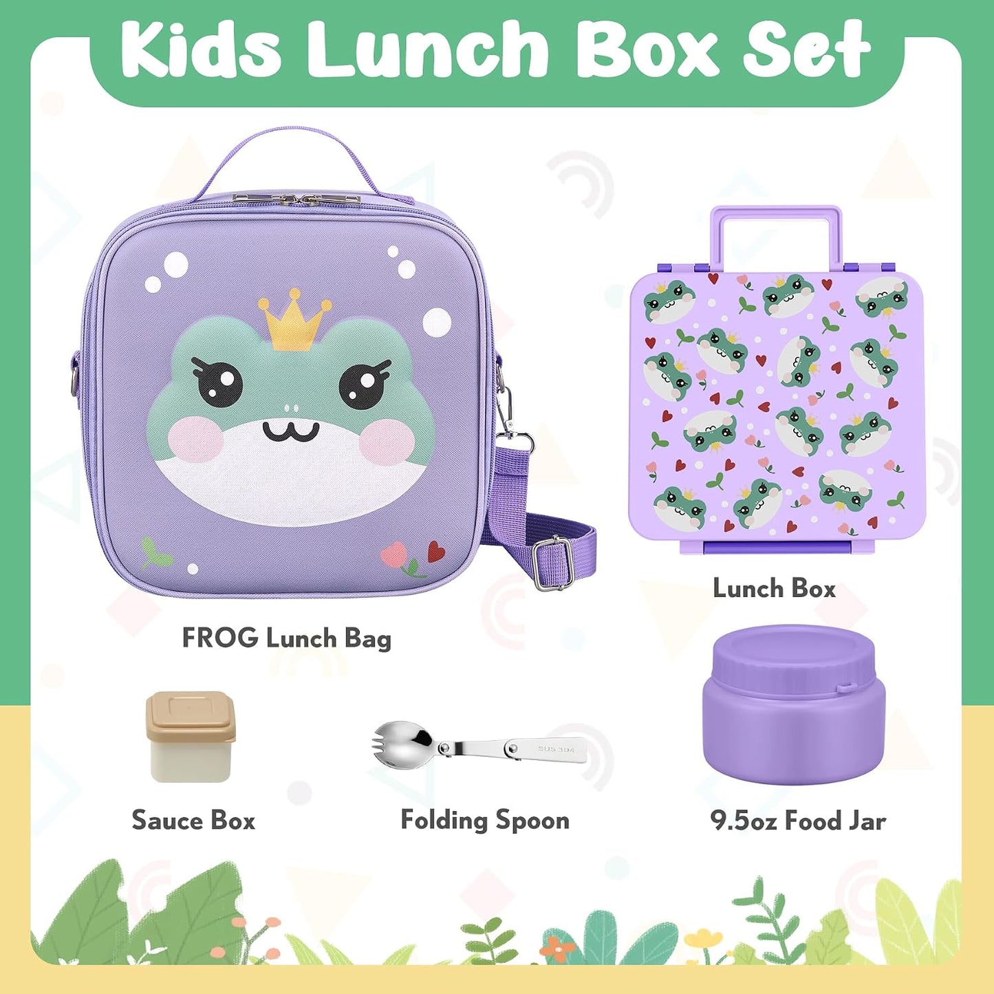 Kids Bento Lunch Box with Thermo, Include 9oz Soup Thermo, Kids Leakproof Lunch Box with 4 Compartment, Insulated Lunch Bag for Girls Boys to School Travel