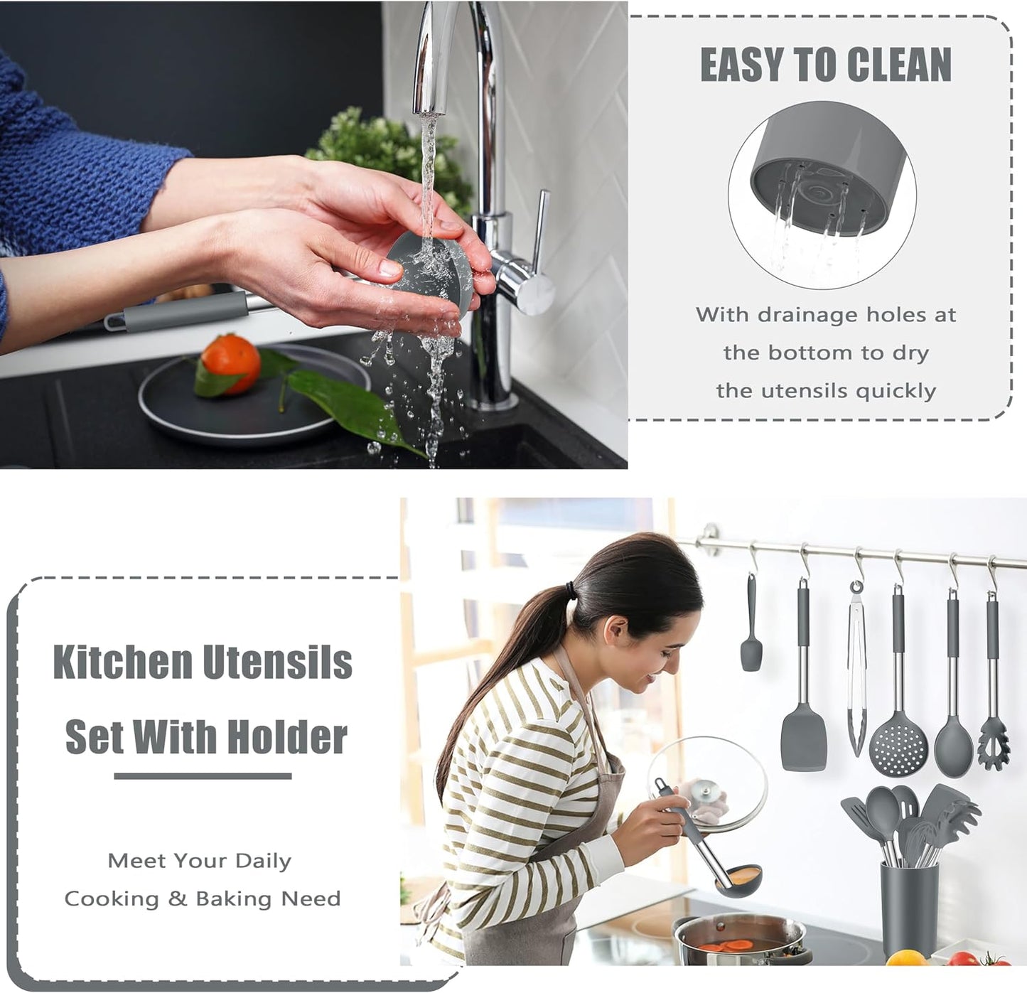 E-far 14 Pieces Silicone Cooking Utensils Set, Kitchen Utensils Set with Holder, Spatula, Ladle, Spoon, Tong, Slotted Turner for Nonstick Cookware, Heat Resistant & Stainless Steel Handle, Black