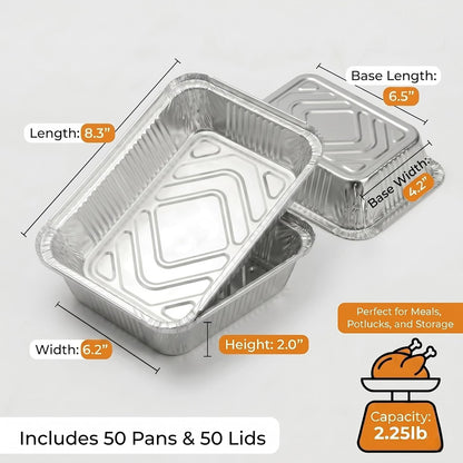 50 Pack Aluminum Pans with Cardboard Lids, 8.3"x6.2", 2.25 LB | Heavy duty disposable foil containers, trays for baking, meal prep, roasting, food storage