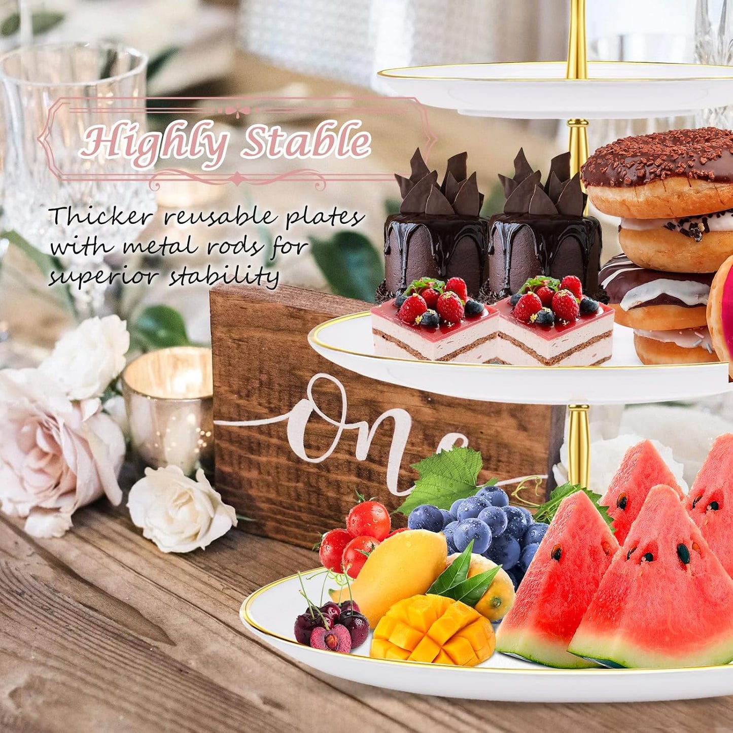 PinCute 5 Pcs Dessert Table Display Set - 2 X Cupcake Stand Holder/Cup Cake Tier Tower & 3 X Serving Tray Combo for Tea Party, Birthday, Baby Shower (Wave Square)