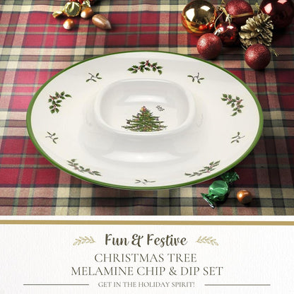 Spode Christmas Tree Melamine Chip and Dip | 14 Inch Serving Platter for Cheese, Appetizers, Chips, Salsa and more, Made of Melamine perfect for Hosting Indoors and Outdoors | Dishwasher safe