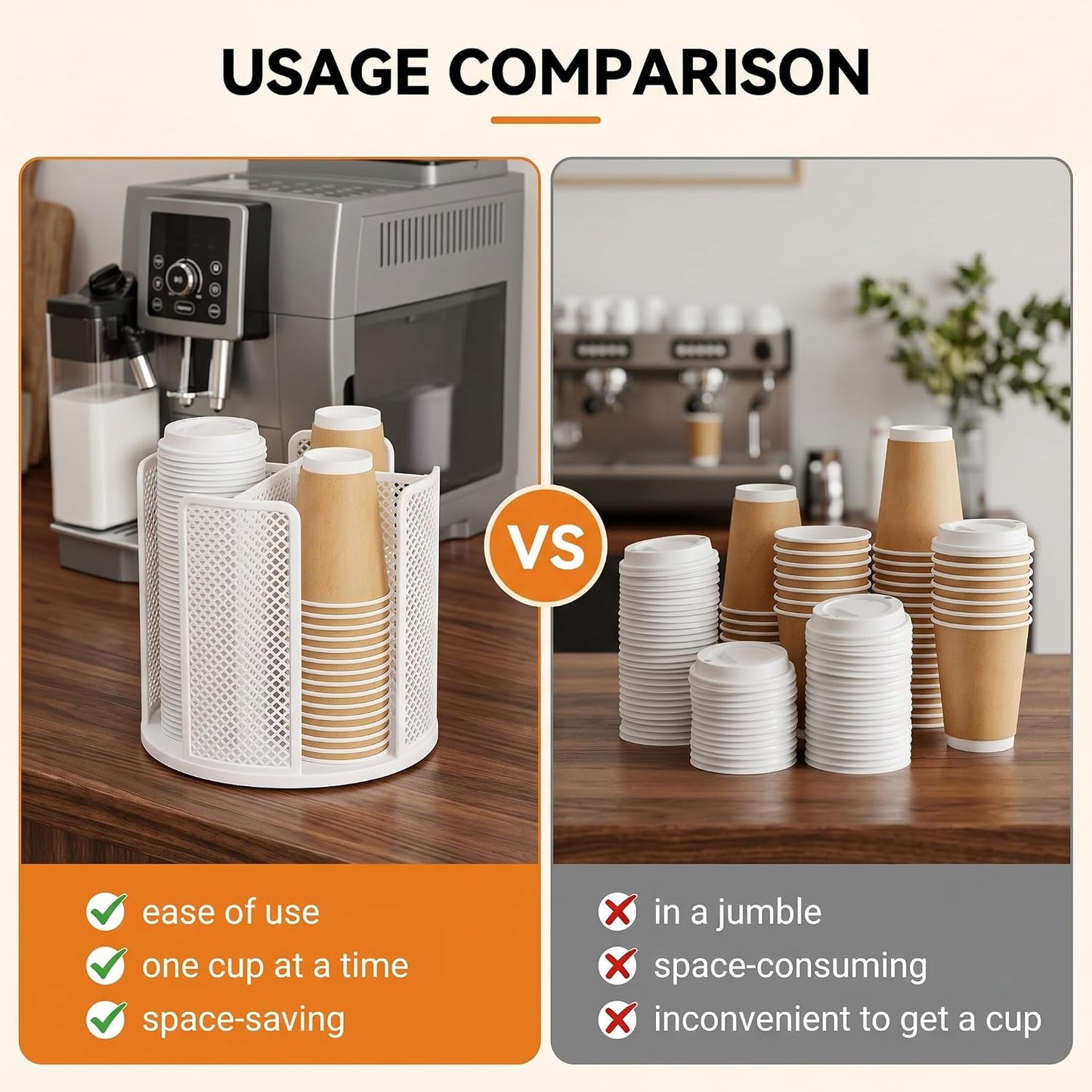 Eorbow 2 Pack Paper Cup & Lid Holder, Rotating Coffee Cups Dispenser with 4 Compartments, Plastic Disposable Cup Storage Organizer for Countertop Bathroom Coffee Station Bar Kitchen Office (White)