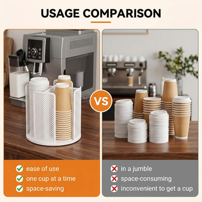 Eorbow 2 Pack Paper Cup & Lid Holder, Rotating Coffee Cups Dispenser with 4 Compartments, Plastic Disposable Cup Storage Organizer for Countertop Bathroom Coffee Station Bar Kitchen Office (White)