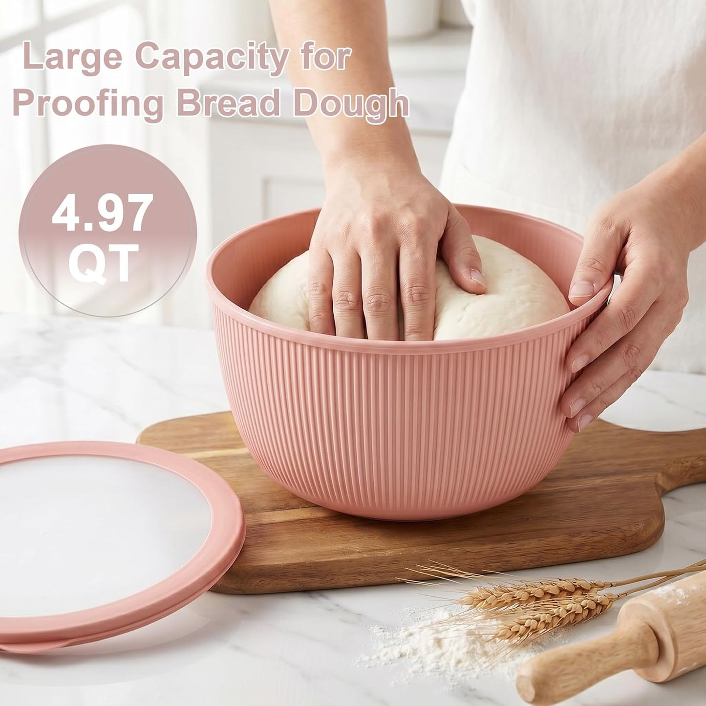 BoxedHome Plastic Mixing Bowls with Lids Set,4.97QT Large Capacity Deep Nesting Bowl,8 Pieces Set BPA-Free Prep Bowls,Dishwasher & Microwave Safe,Beige