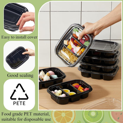 Chunful 36 Pcs 3 Compartment Transparent Snack Containers with Lids Disposable Bento Box Plastic Food Meal Prep Containers for Condiment Salad Dipping School Work Lunch