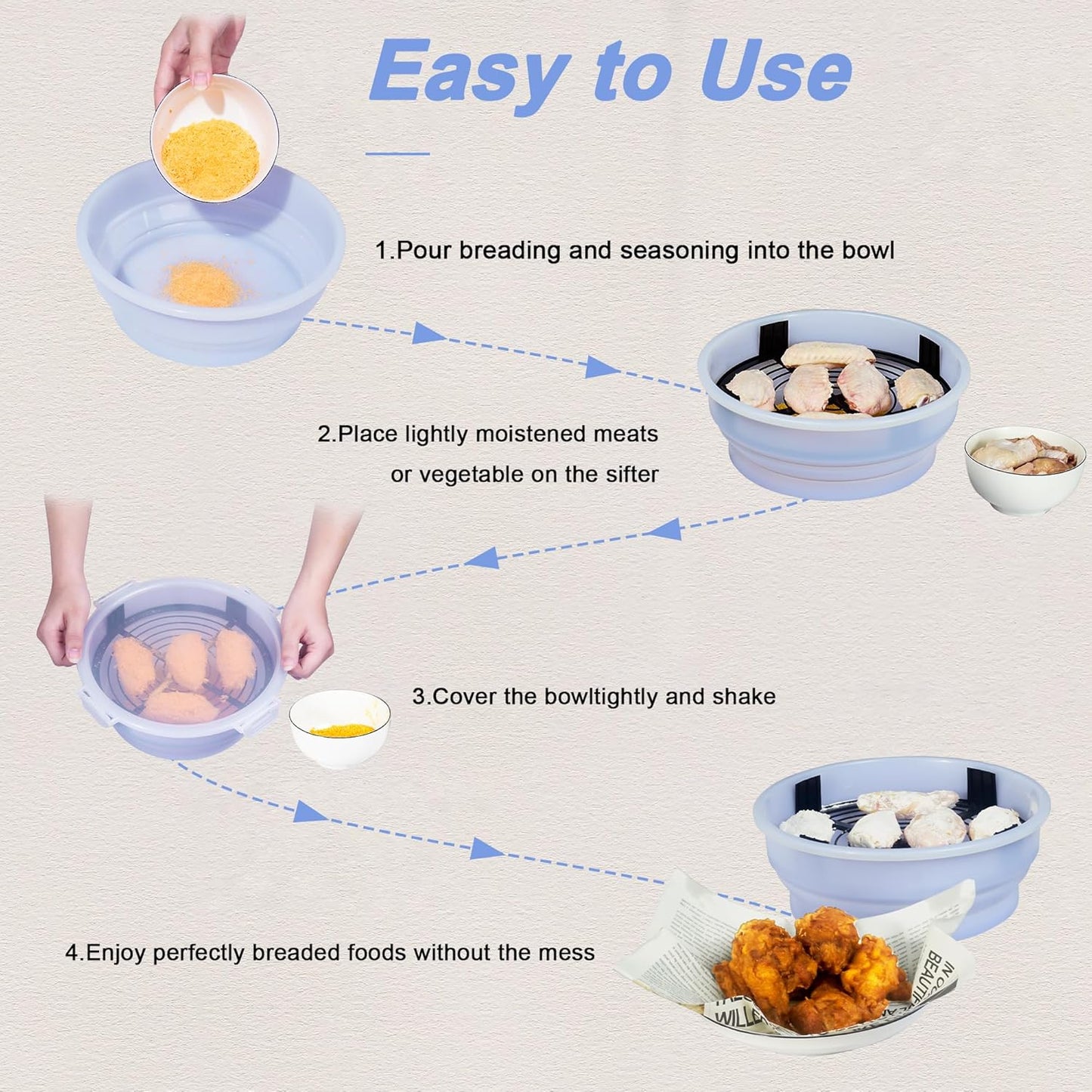 FJNATINH Collapsible Batter Bowl - Mess Free Better Breader Shaker Bowl with Lid Breading Shaker Container for Fried Fish, Fried Chicken, Onion Rings & More,No Leak,Easy to Store,Light Blue