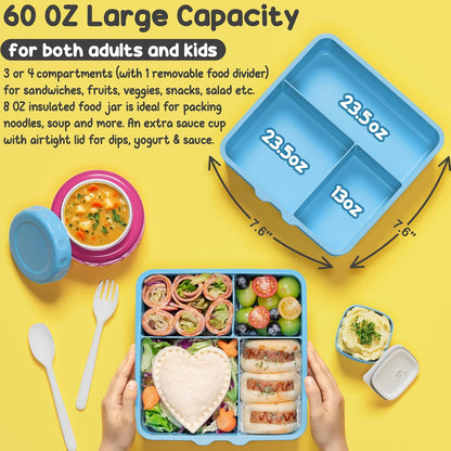 Fimibuke Bento Box for Kids Adult, BPA Free & Leakproof Toddler Lunch Box with 8.5oz Insulated Thermo Food Jar, Utensils & Sauce Jar, Dishwasher Safe 3 or 4 Compartment Container for School Girls Boys
