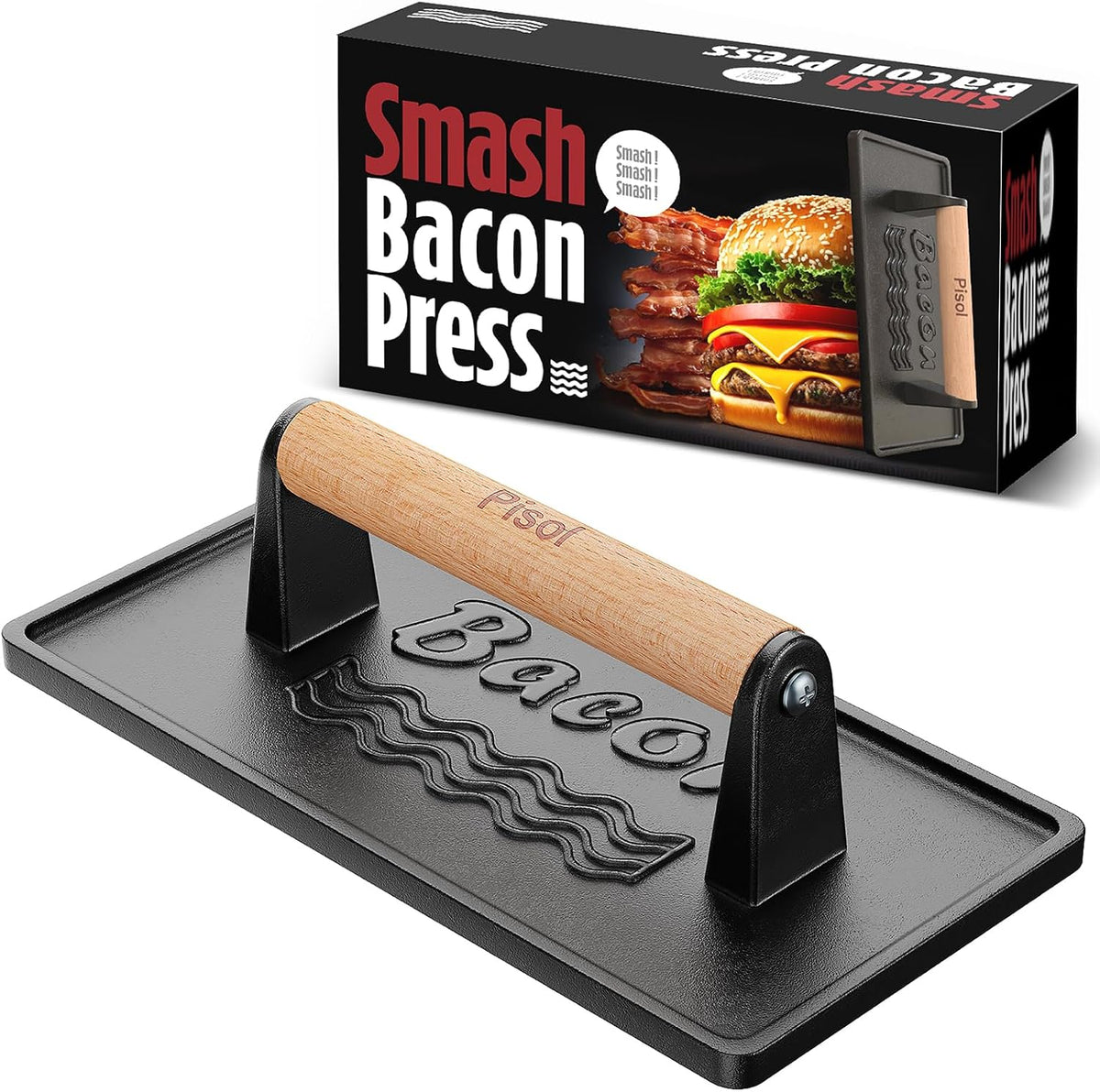 Pisol Cast Iron Smash Burger Press, Steak Weight Bacon Meat Press Tool