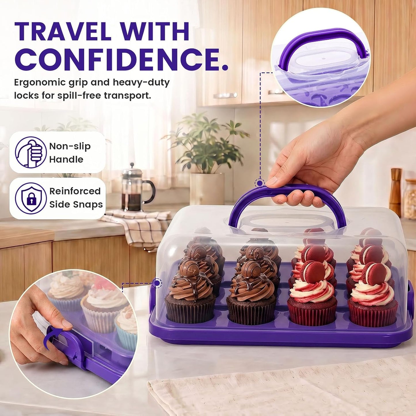 VGOODALL Cake Carrier with Lid and Handle, 12 Capacity Cupcake Carrier, 2-in-1 Rectangular Cupcake Holder for Pies Muffin Pizza Nuts Fruit, Dessert Storage Containers for Parties, Picnics, Baking