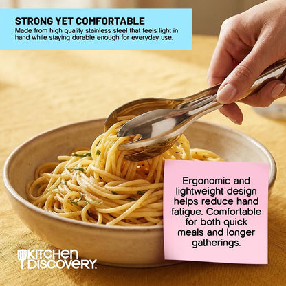 Kitchen Discovery Stainless Steel Tongs, Set of 2 (8" & 10"), Lightweight & Durable Kitchen Tongs for Serving, Parties and Events, Dishwasher-Safe Metal Serving Tongs for Salads and More