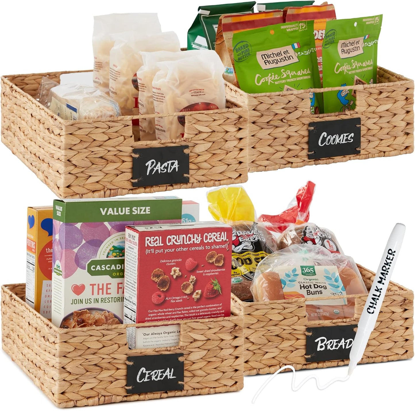 Best Choice Products Set of 4 9x12in Water Hyacinth Pantry Baskets, Woven Organizers w/Chalkboard Label, Chalk Marker - Natural