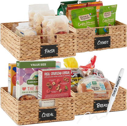 Best Choice Products Set of 4 9x12in Water Hyacinth Pantry Baskets, Woven Organizers w/Chalkboard Label, Chalk Marker - Natural